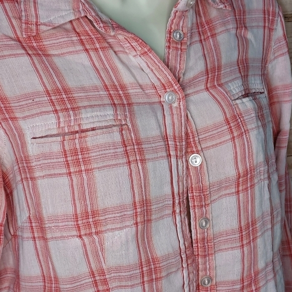 Eddie Bauer shirt button down long sleeve roll tab pink cream plaid print S - Picture 4 of 10